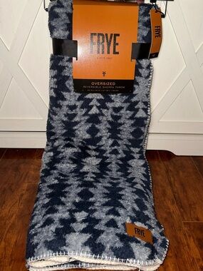 Frye Navy Aztec Print Oversized Reversible Sherpa Throw